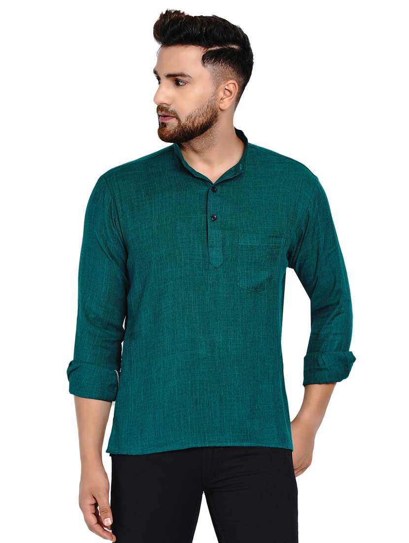 men teal solid mandarin neck short kurta