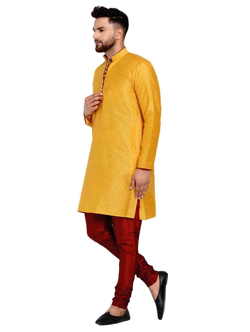 yellow silk blend jacquard kurta pyjama set - 17332979 -  Standard Image - 1