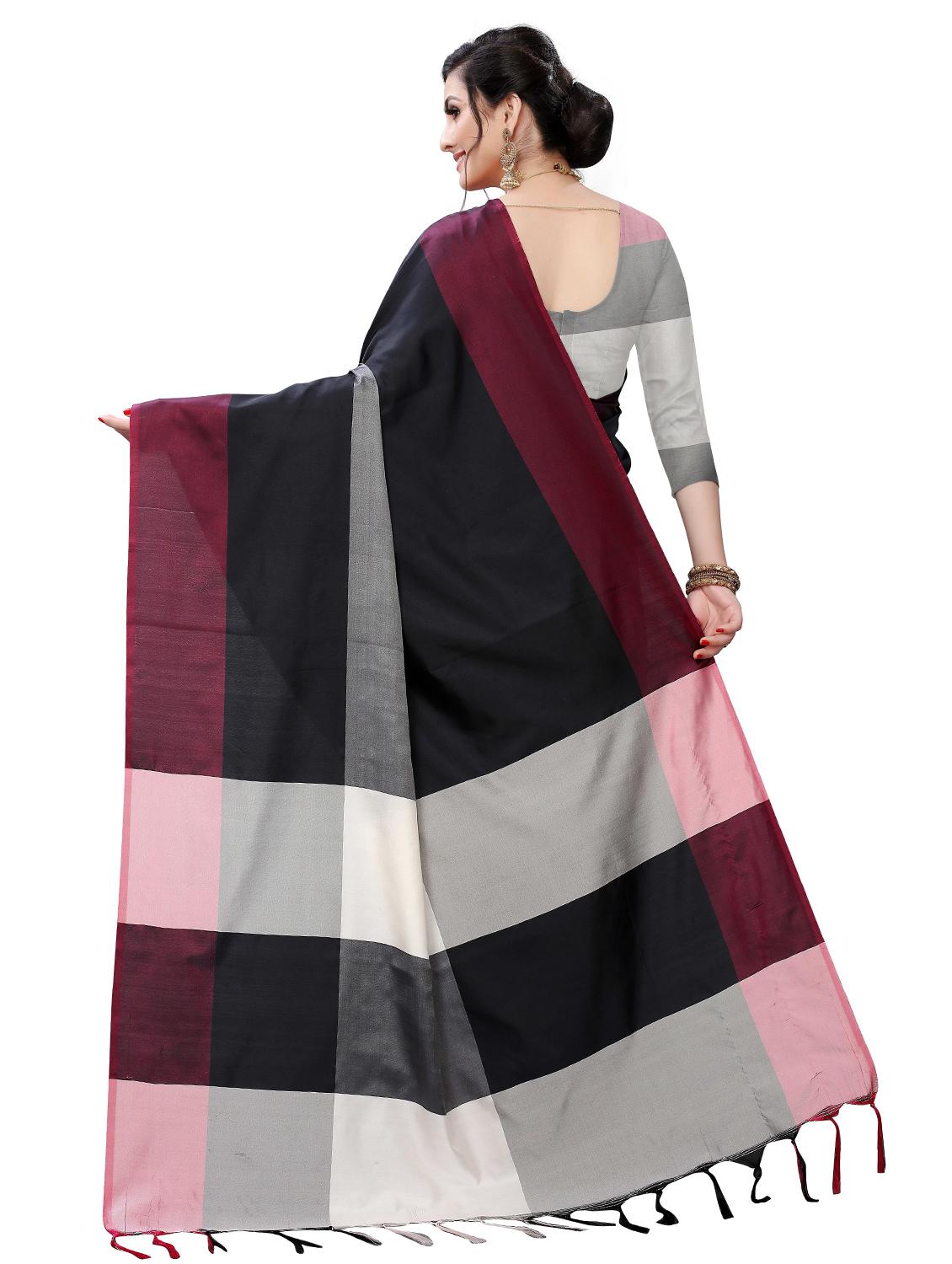 women's color block black colored saree with blouse - 17333053 - Standard Image - 1