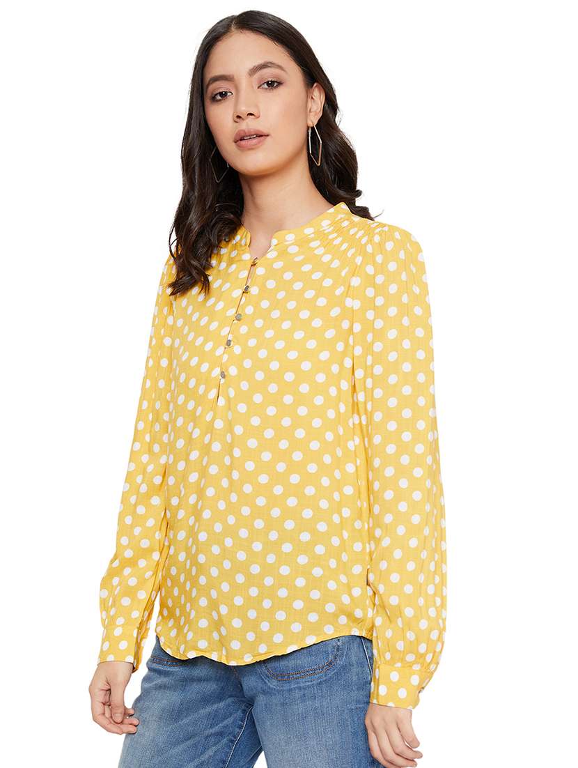 women yellow printed mandarin neck top - 17334049 -  Standard Image - 1