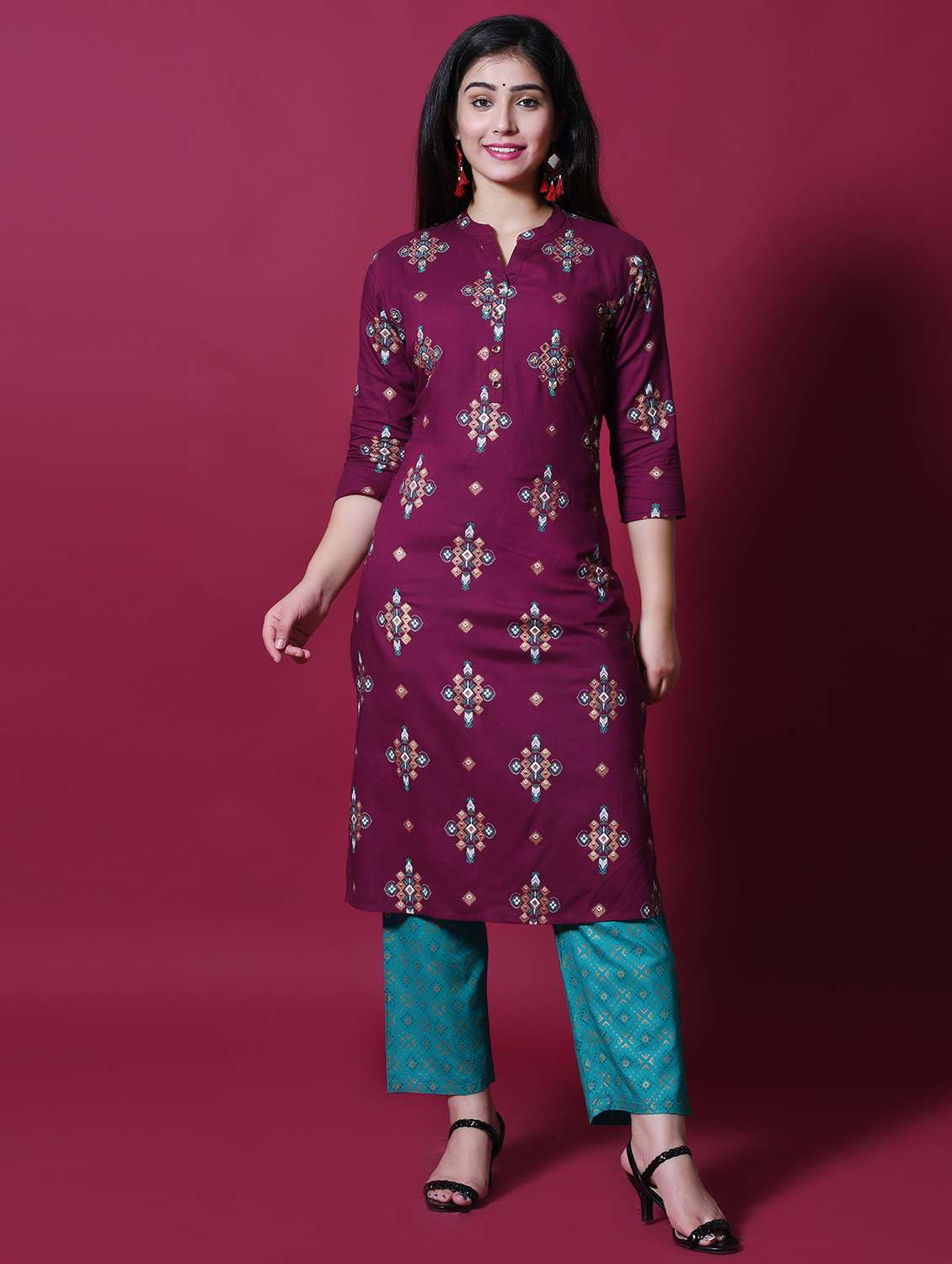 magenta rayon kurta pant  set