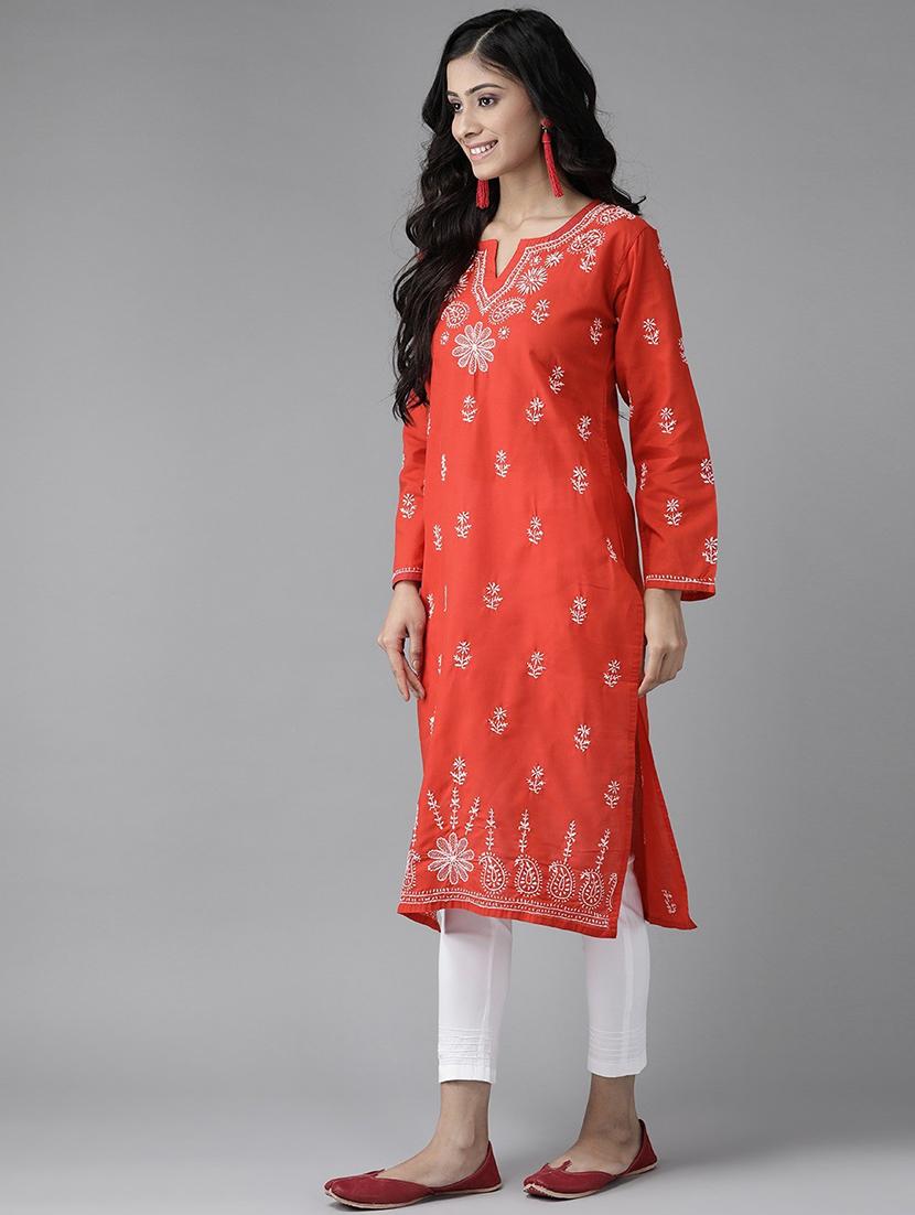 cotton red color women chikankari hand crafted kurta - 17336758 -  Standard Image - 1