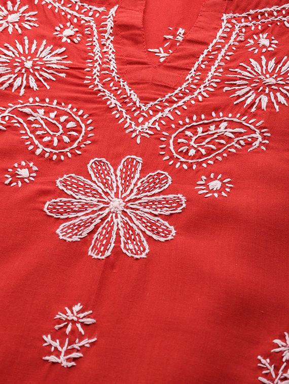 cotton red color women chikankari hand crafted kurta - 17336758 - Standard Image - 4