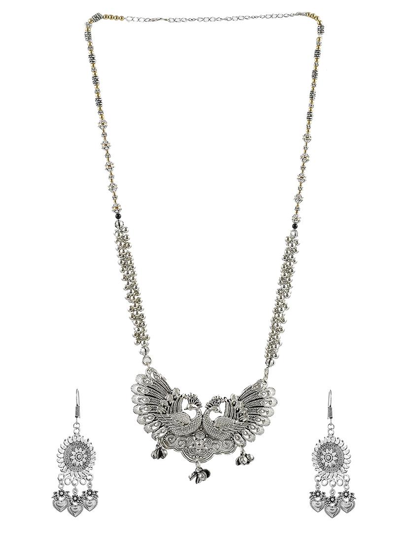 oxidised silver long necklace with earring