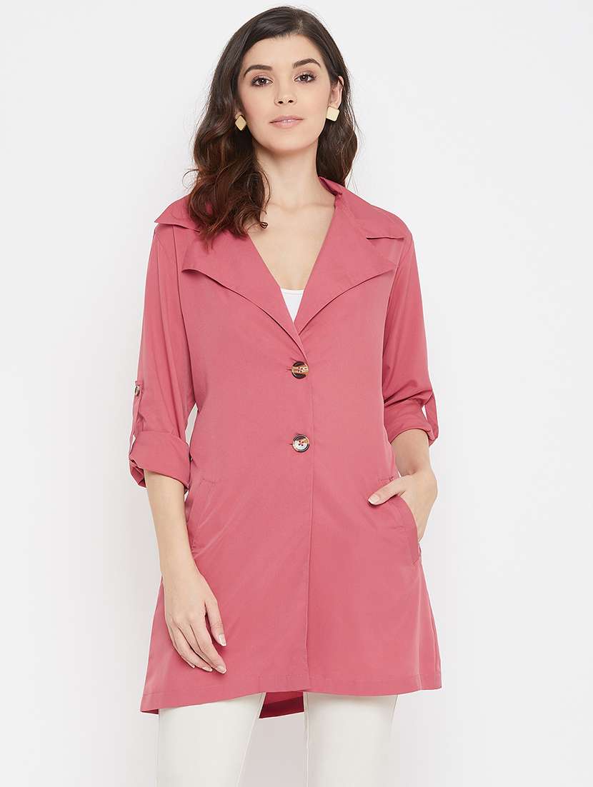 pink lapel neck solid trench coat 