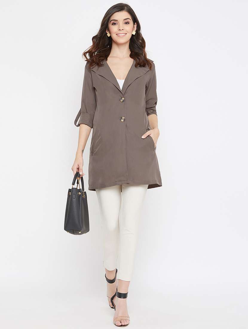 women solid roll-up sleeves long coat - 17337077 - Standard Image - 4
