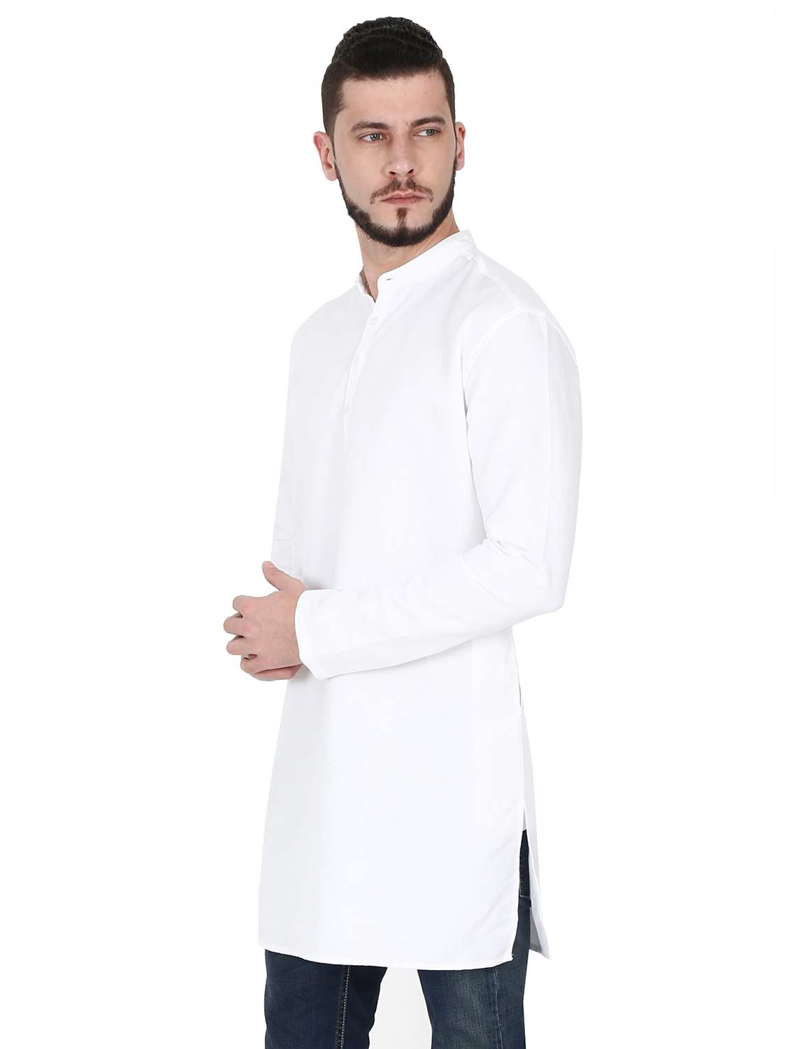 white linen solid medium length kurta - 17340649 -  Standard Image - 1