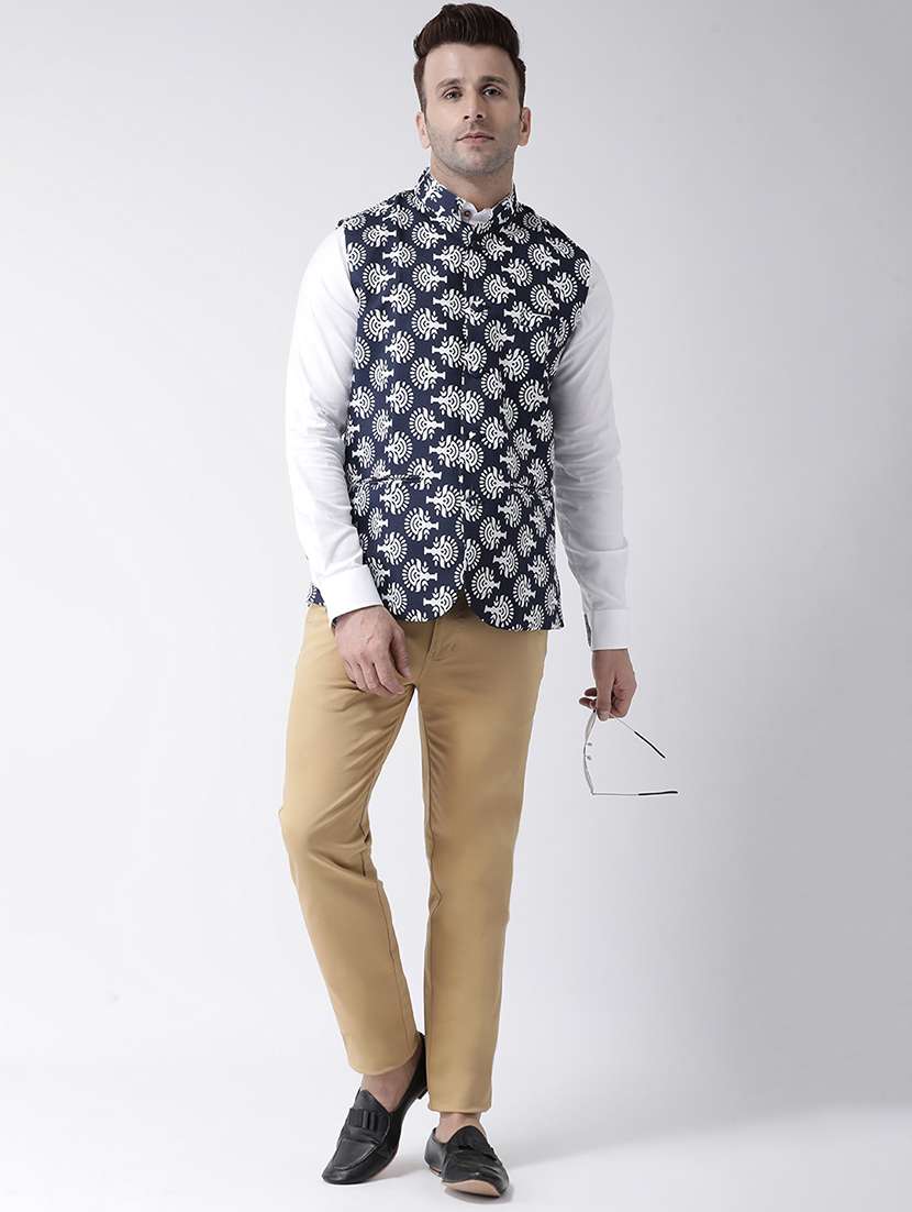 navy blue printed nehru jacket - 17343616 - Standard Image - 4
