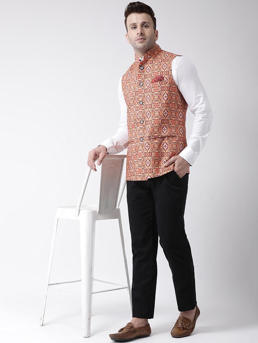 orange printed nehru jacket - 17343625 - Standard Image - 4