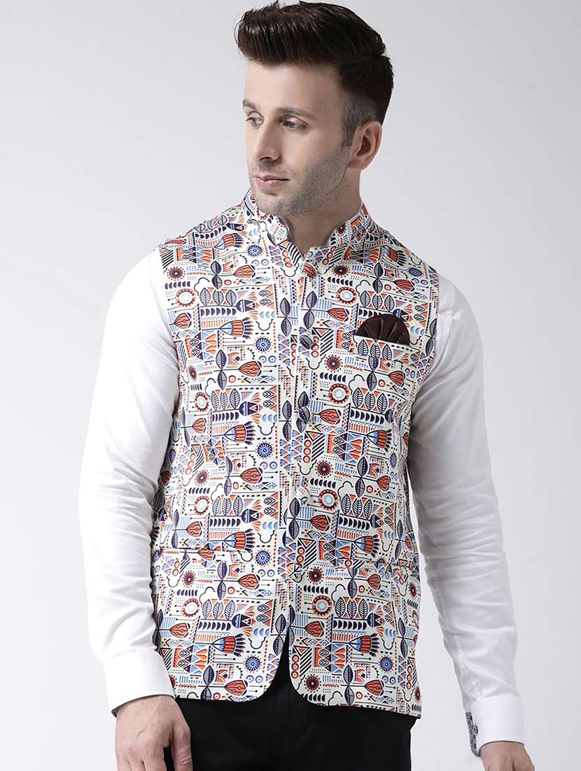 white printed nehru jacket