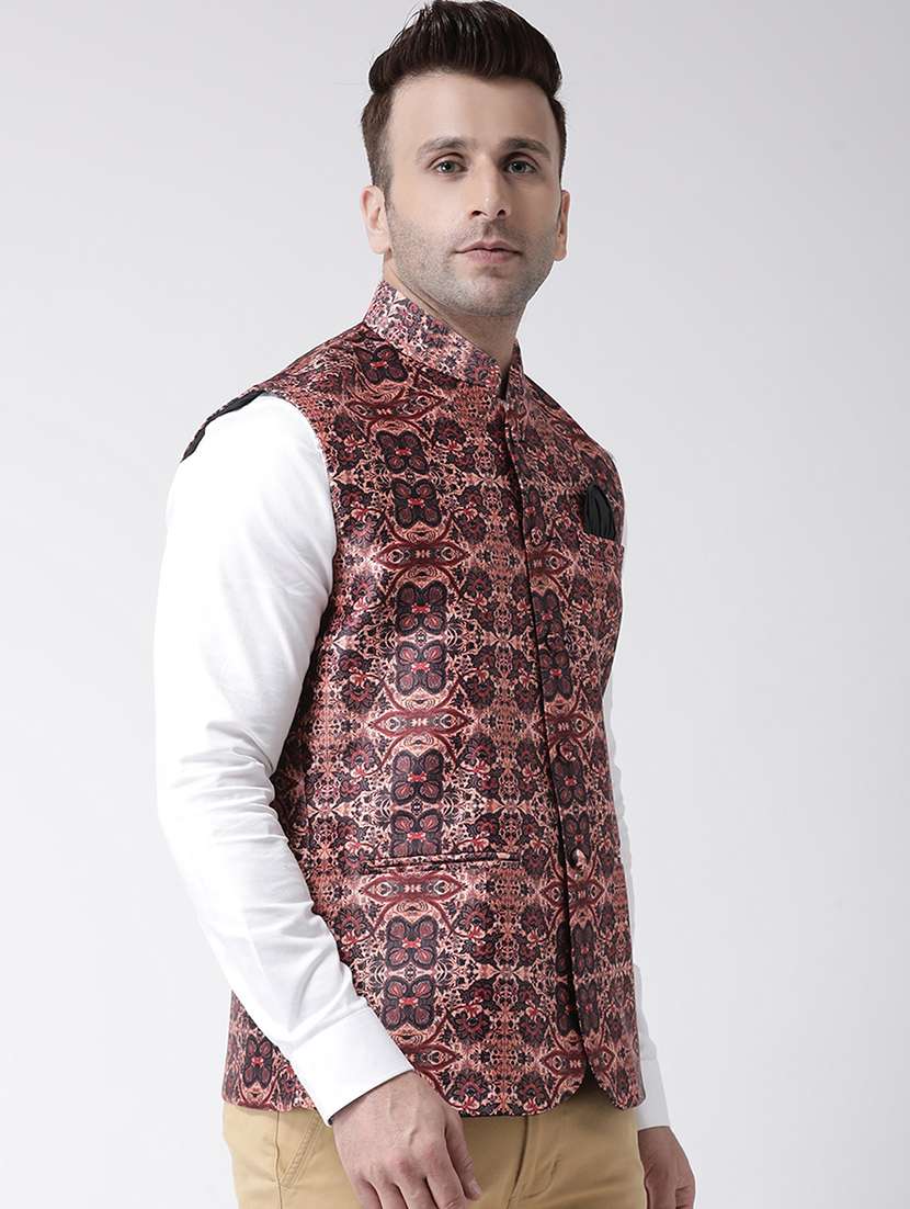 brown floral printed nehru jacket - 17343633 -  Standard Image - 1