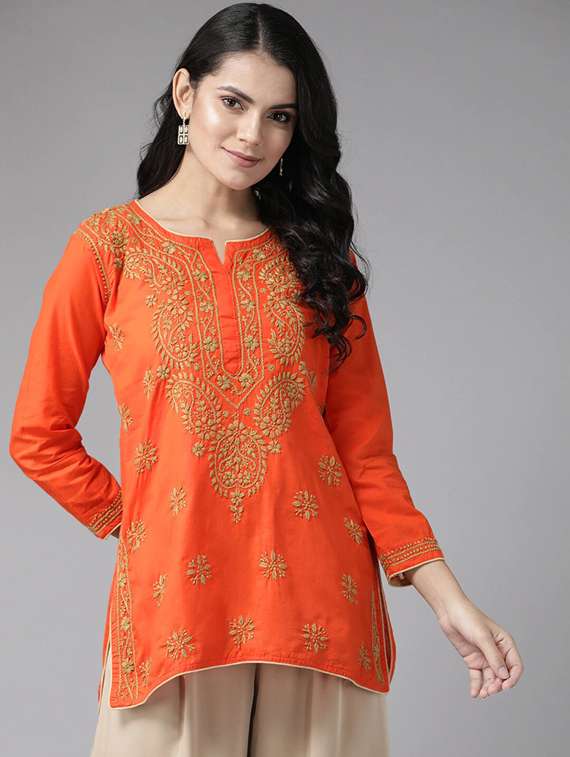 ada hand-embroidered orange chikankari kurti