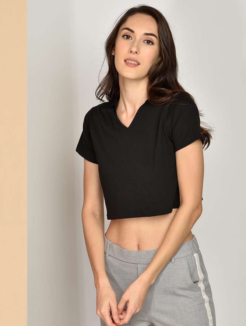 women solid v neck crop top