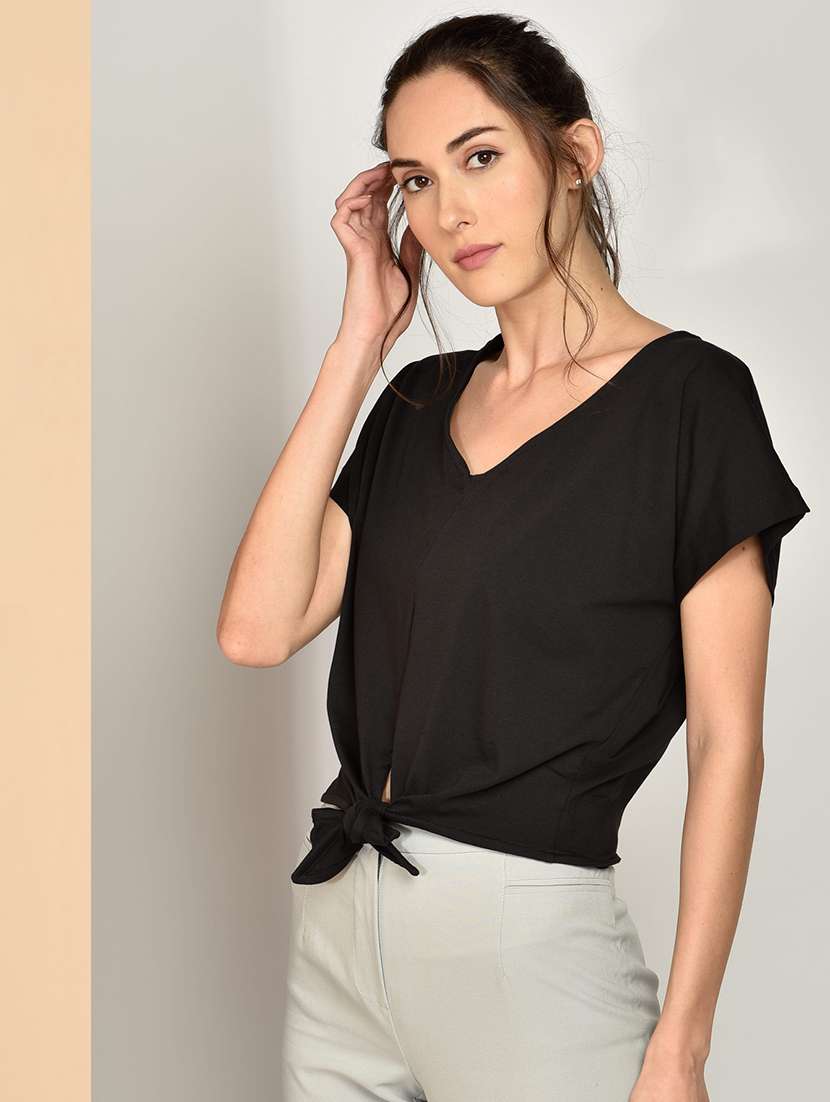women's solid black v neck top - 17349644 -  Standard Image - 1