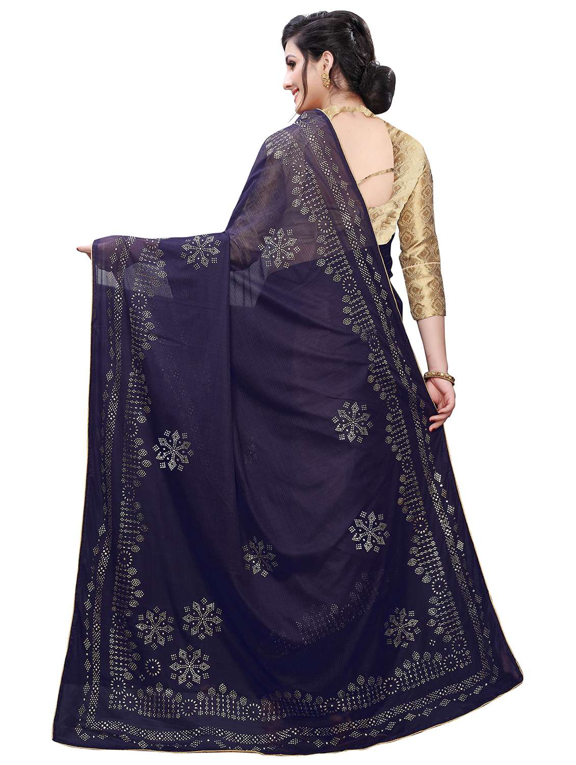 navy lycra plain saree with blouse - 17350528 -  Standard Image - 1
