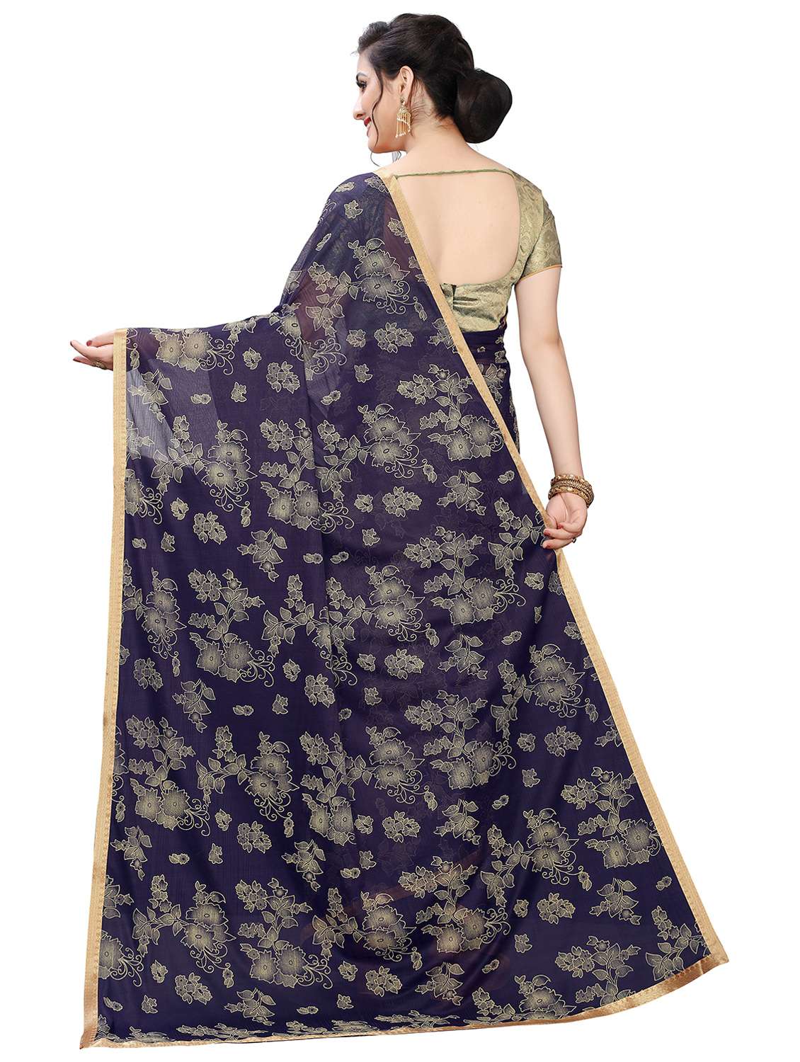navy lycra printed saree with blouse - 17350535 - Standard Image - 1