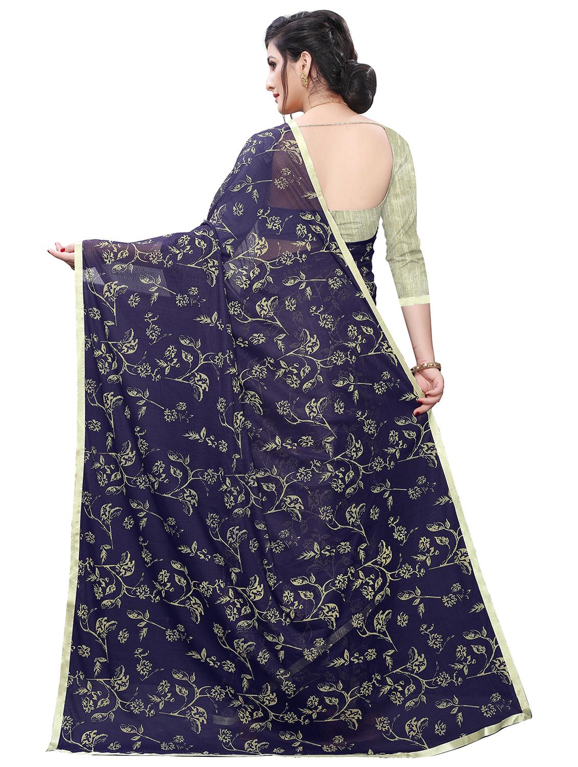 navy lycra printed saree with blouse - 17350537 -  Standard Image - 1