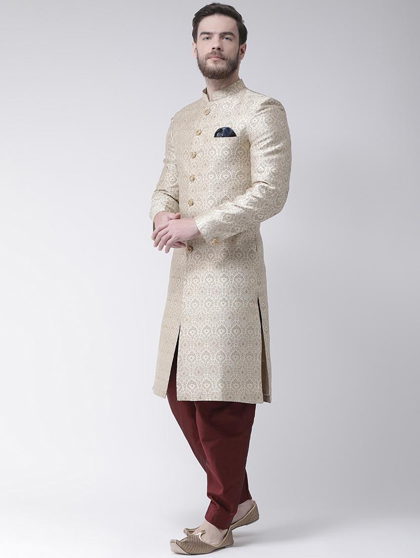cream jacquard dupion sherwani set - 17351308 -  Standard Image - 1