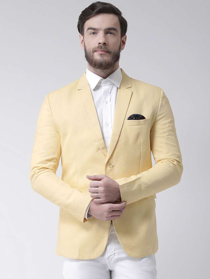 yellow solid linen casual blazer