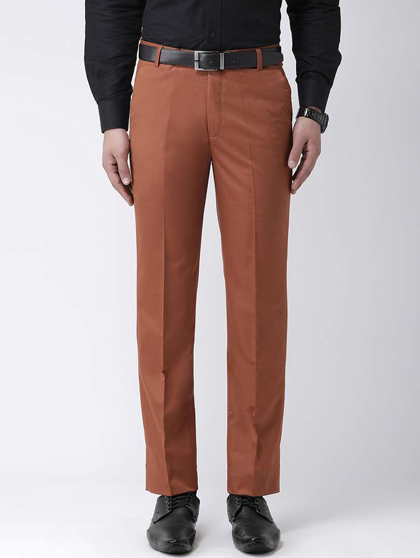 brown solid flat front formal trouser