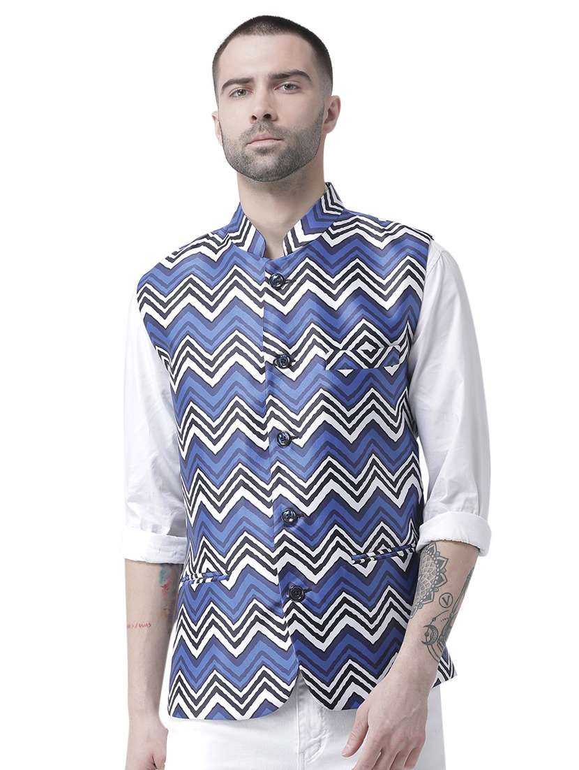 blue printed nehru jacket
