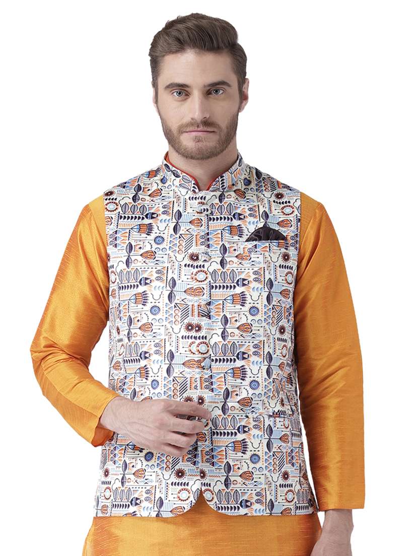 white printed nehru jacket
