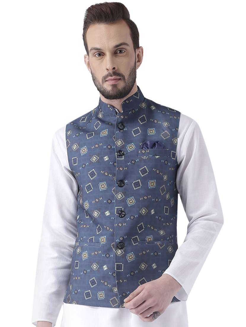 navy blue printed nehru jacket