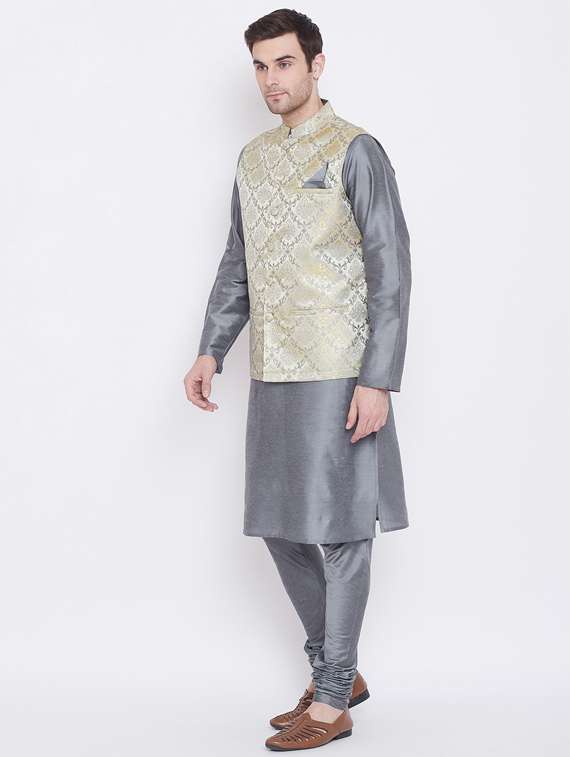 grey solid silk blend kurta pyjama set with jacquard nehru jacket  - 17352160 -  Standard Image - 1