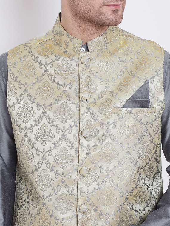 grey solid silk blend kurta pyjama set with jacquard nehru jacket  - 17352160 -  Standard Image - 4