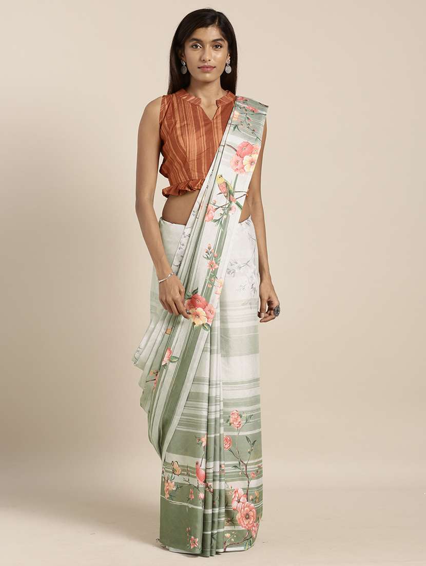 women's floral neo mint colored saree with blouse