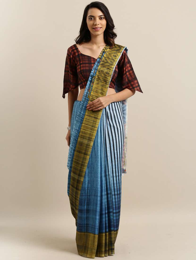 women's stripes light blue colored saree with blouse