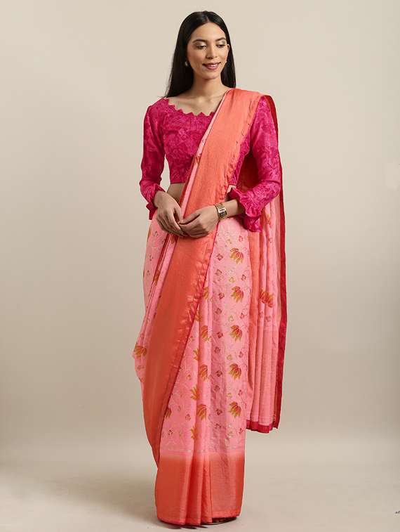 women's floral peach colored saree with blouse