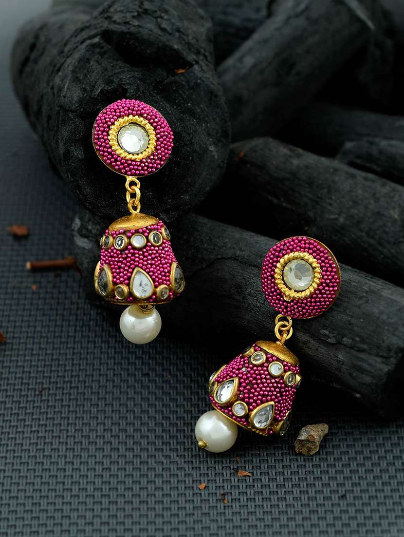 pink brass jhumka earring - 17353673 -  Standard Image - 1