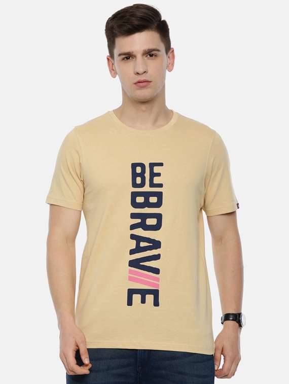 beige front print t-shirt