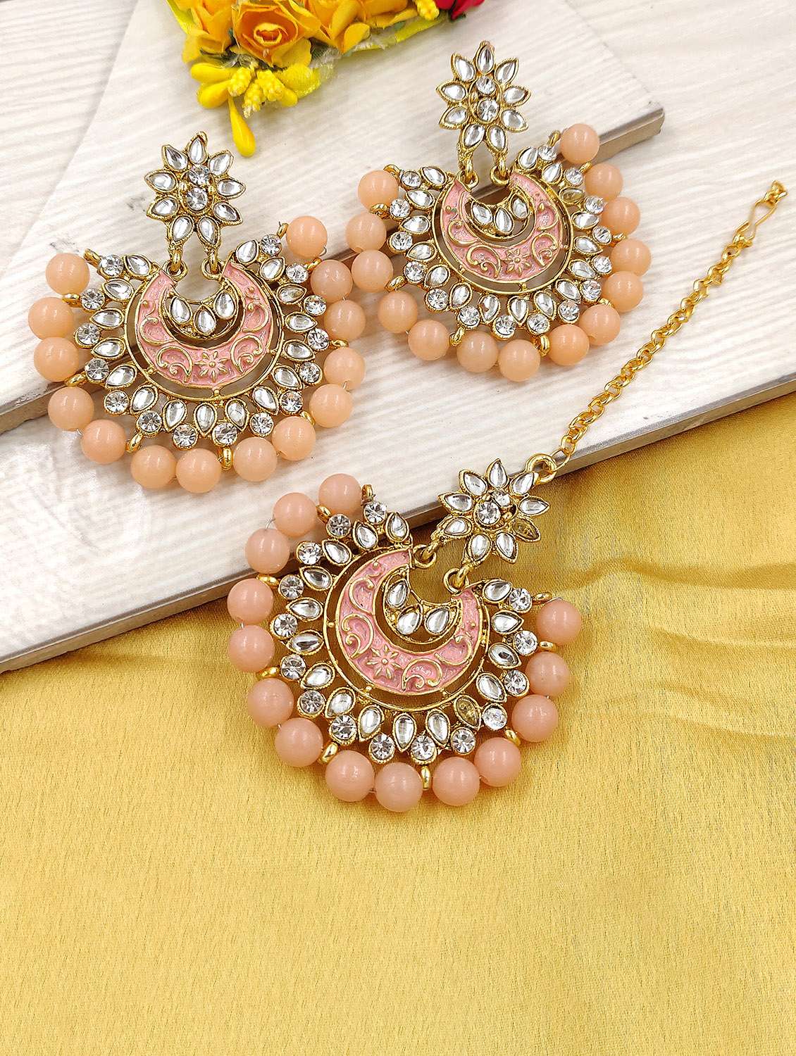pink gold plated maang teeka - 17355547 -  Standard Image - 1