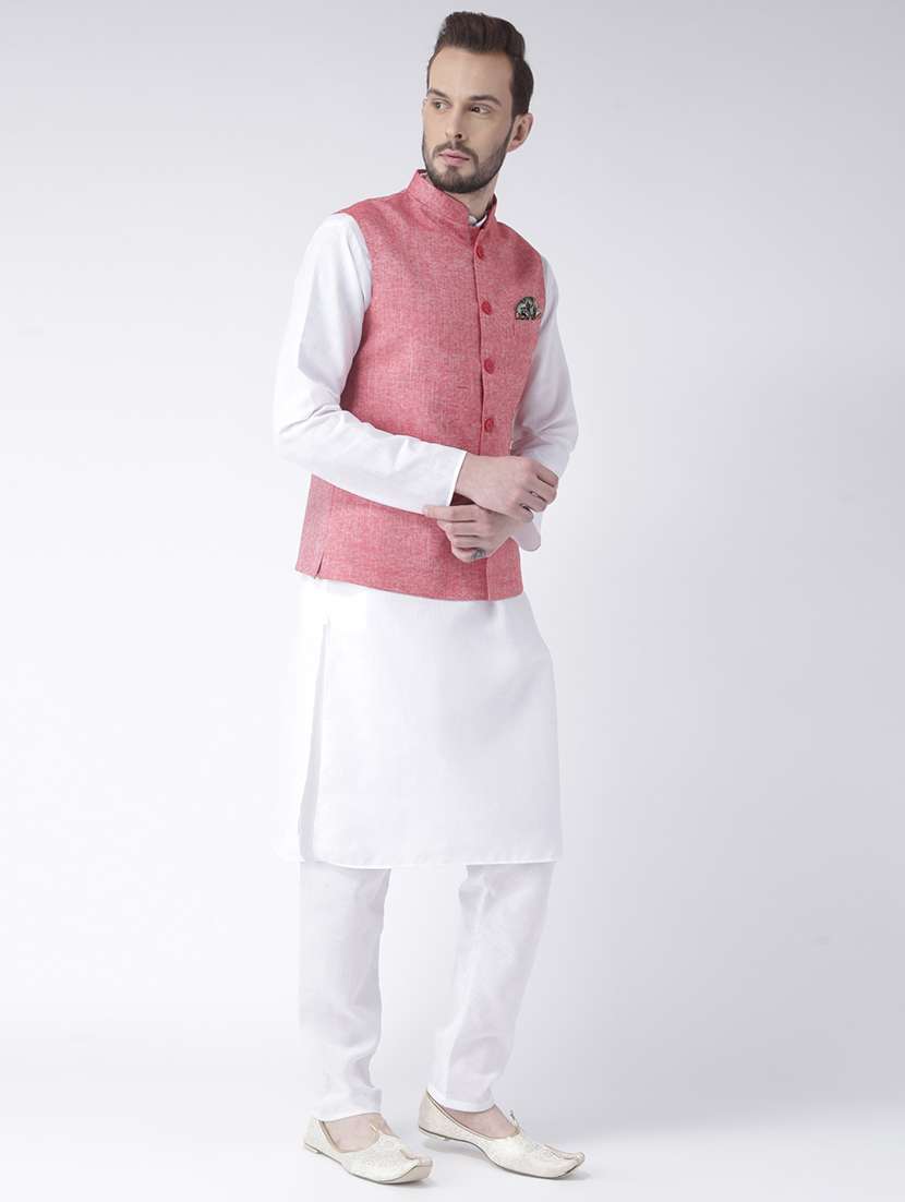 men kurta pyjama set with red solid nehru jacket - 17356717 -  Standard Image - 1