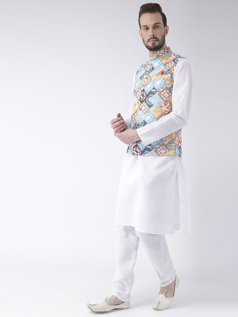 white solid kurta pyjama set with printed nehru jacket - 17356722 -  Standard Image - 1
