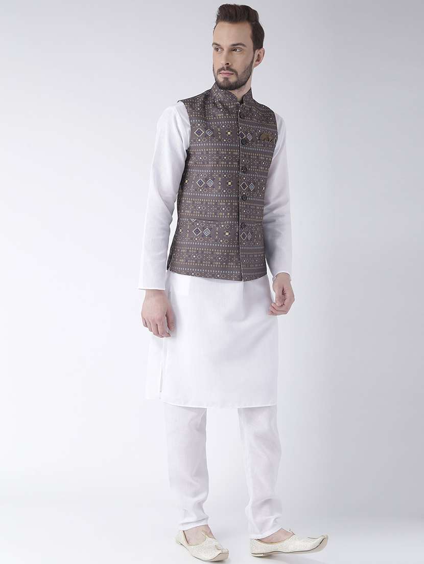 white solid kurta pyjama set with printed nehru jacket - 17356723 -  Standard Image - 1