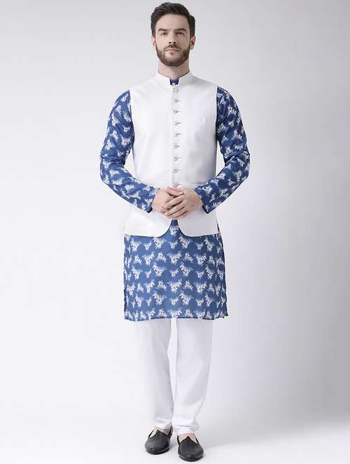 blue floral print kurta pyjama set with white solid nehru jacket - 17356728 - Standard Image - 0