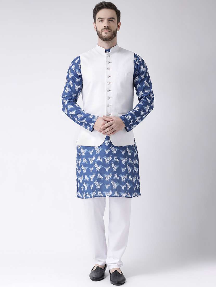 blue floral print kurta pyjama set with white solid nehru jacket - 17356728 - Zoom Image - 0