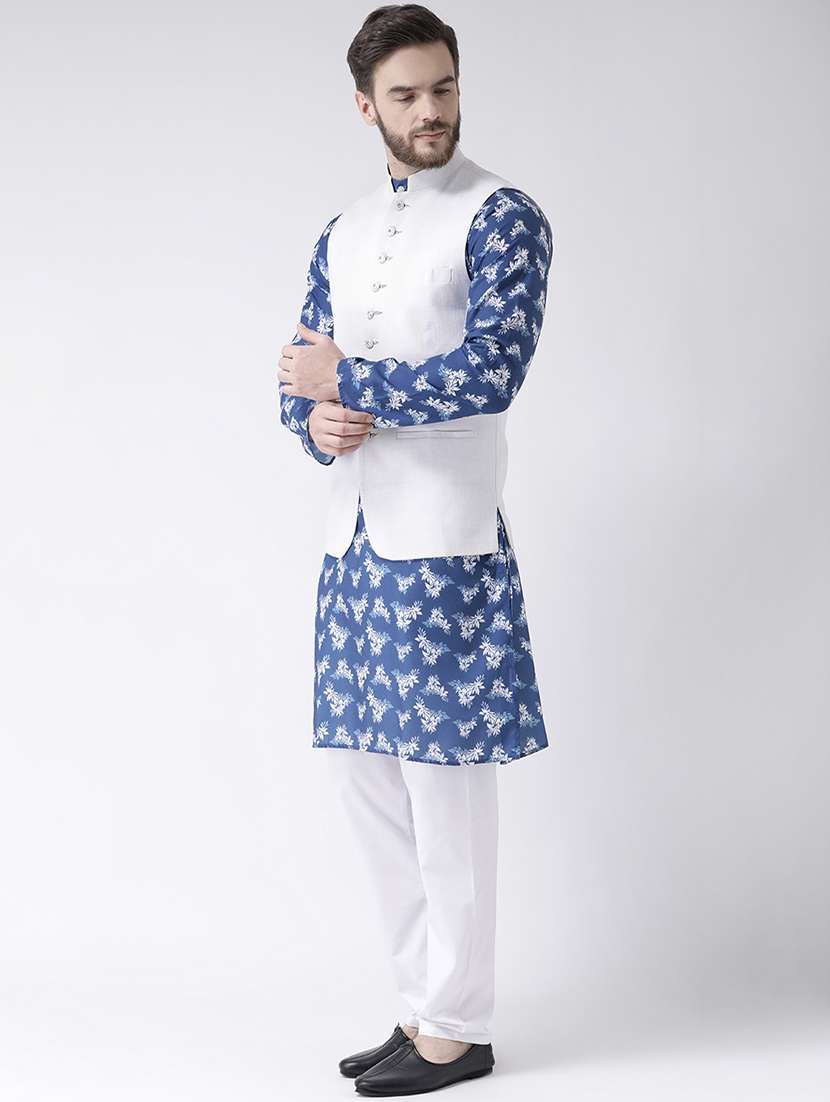 blue floral print kurta pyjama set with white solid nehru jacket - 17356728 - Standard Image - 1
