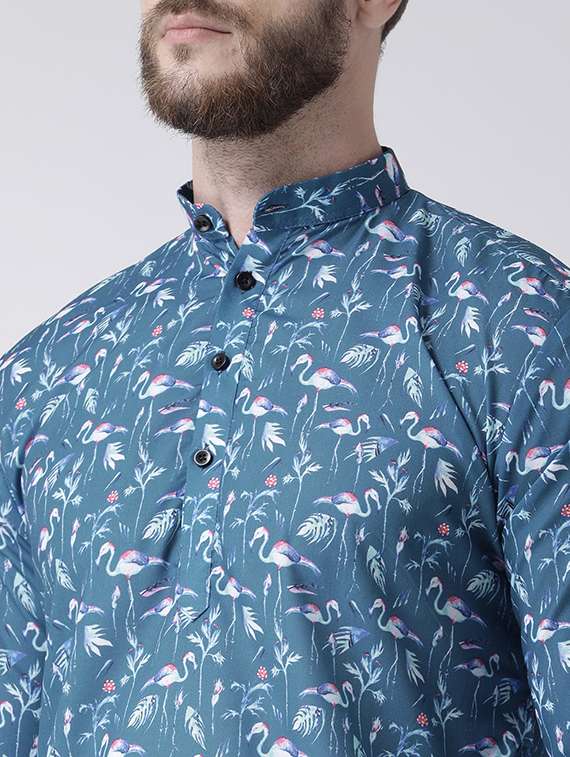 blue printed kurta pyjama set with white solid nehru jacket - 17356733 -  Standard Image - 4