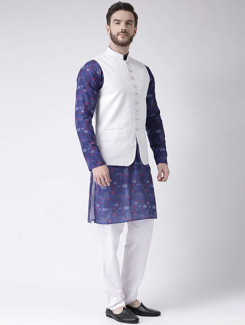 blue checkered kurta pyjama set with white solid nehru jacket - 17356735 -  Standard Image - 1