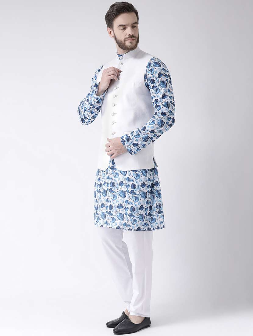 blue printed kurta pyjama set with white solid nehru jacket - 17356738 -  Standard Image - 1