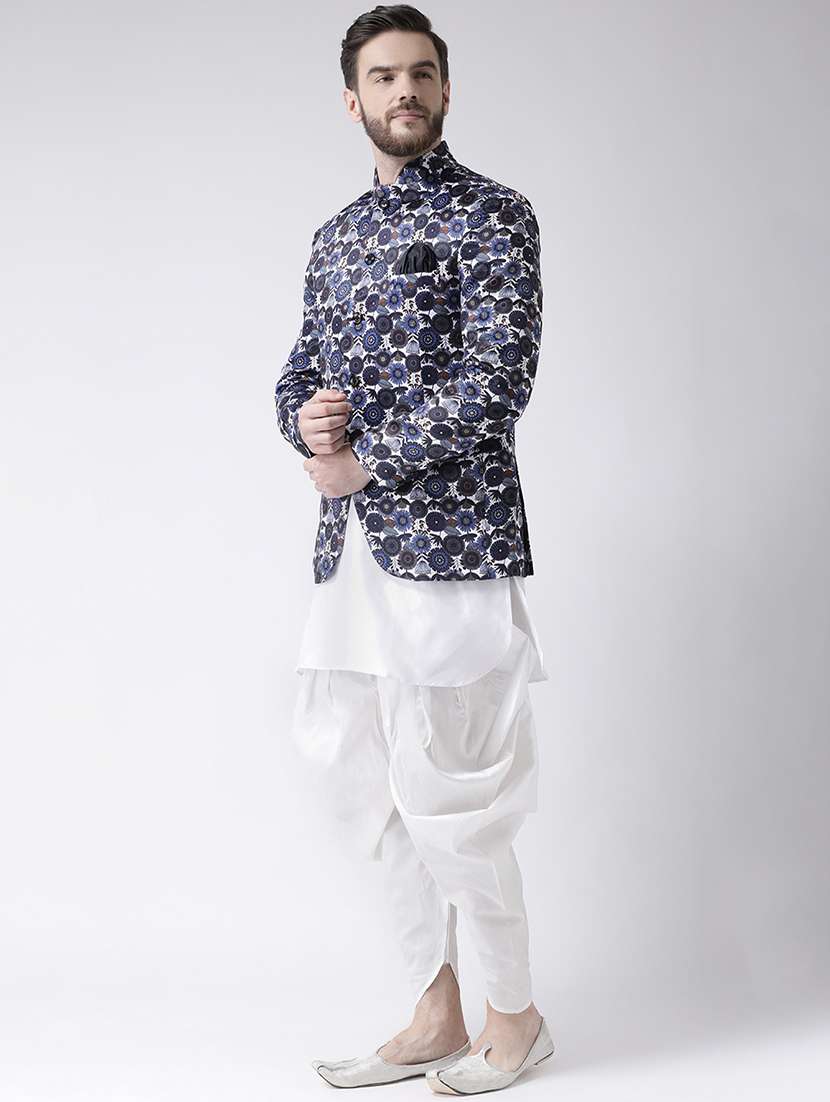 white solid dhoti kurta set with printed bandhgala jacket - 17356743 -  Standard Image - 1