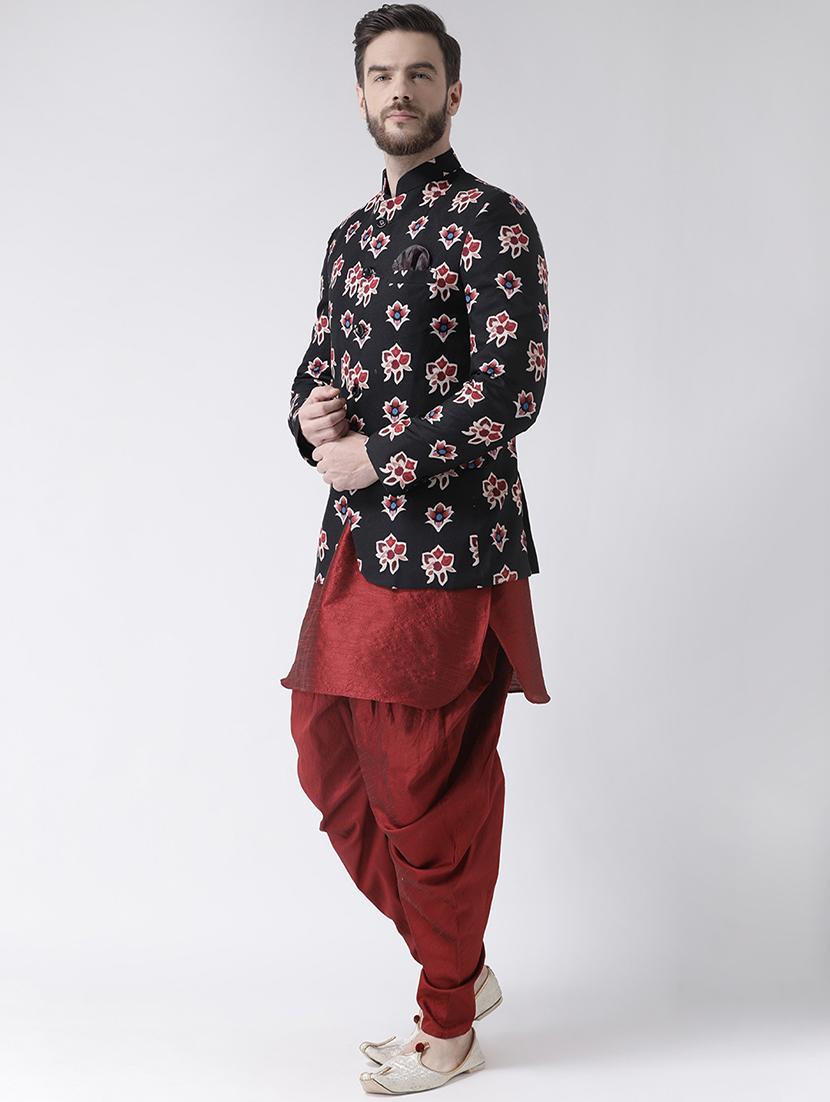 maroon solid dhoti kurta set with printed bandhgala jacket - 17356747 - Standard Image - 1