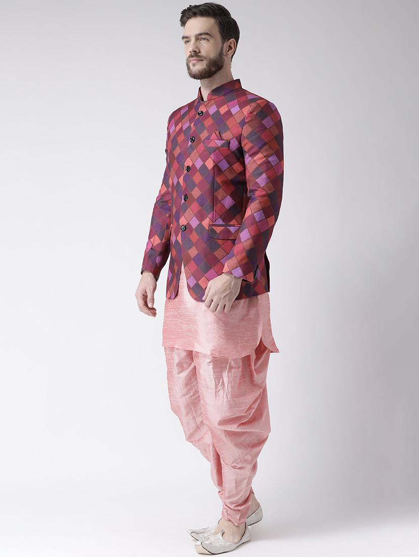 pink solid dhoti kurta set with printed bandhgala jacket - 17356749 - Standard Image - 1