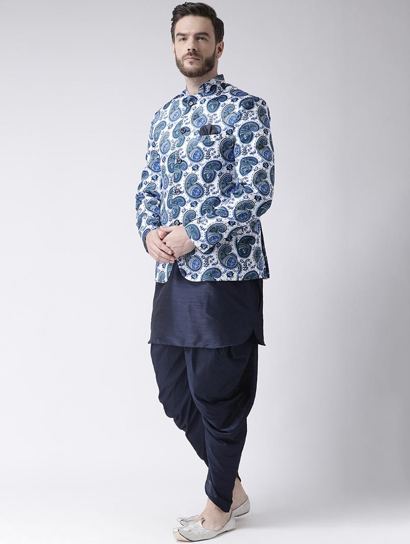 navy blue solid dhoti kurta set with printed bandhgala jacket - 17356750 - Standard Image - 1