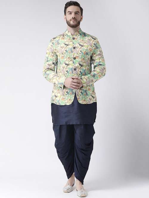 navy blue solid dhoti kurta set with printed bandhgala jacket - 17356753 -  Standard Image - 0