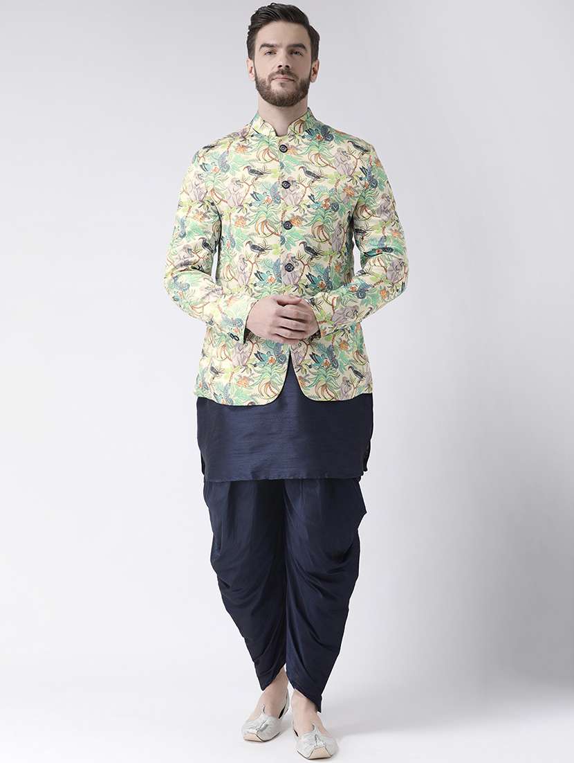 navy blue solid dhoti kurta set with printed bandhgala jacket